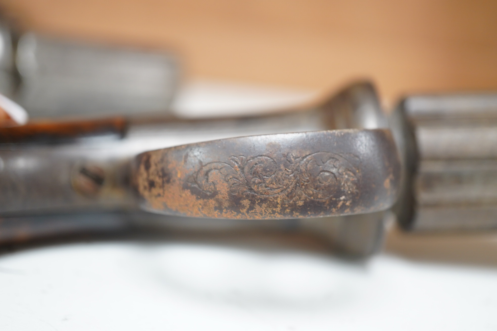 A six shot self-cocking percussion pepper box revolver, Birmingham proofs, foliate engraved round frame and two piece walnut grips, barrel 7cm. Condition - fair